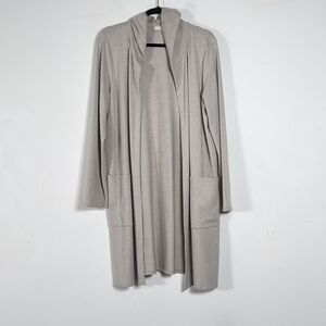 Pure Jill Hooded Open Long Cardigan Duster Womens Sz L Cream Long Sleeve Stretch